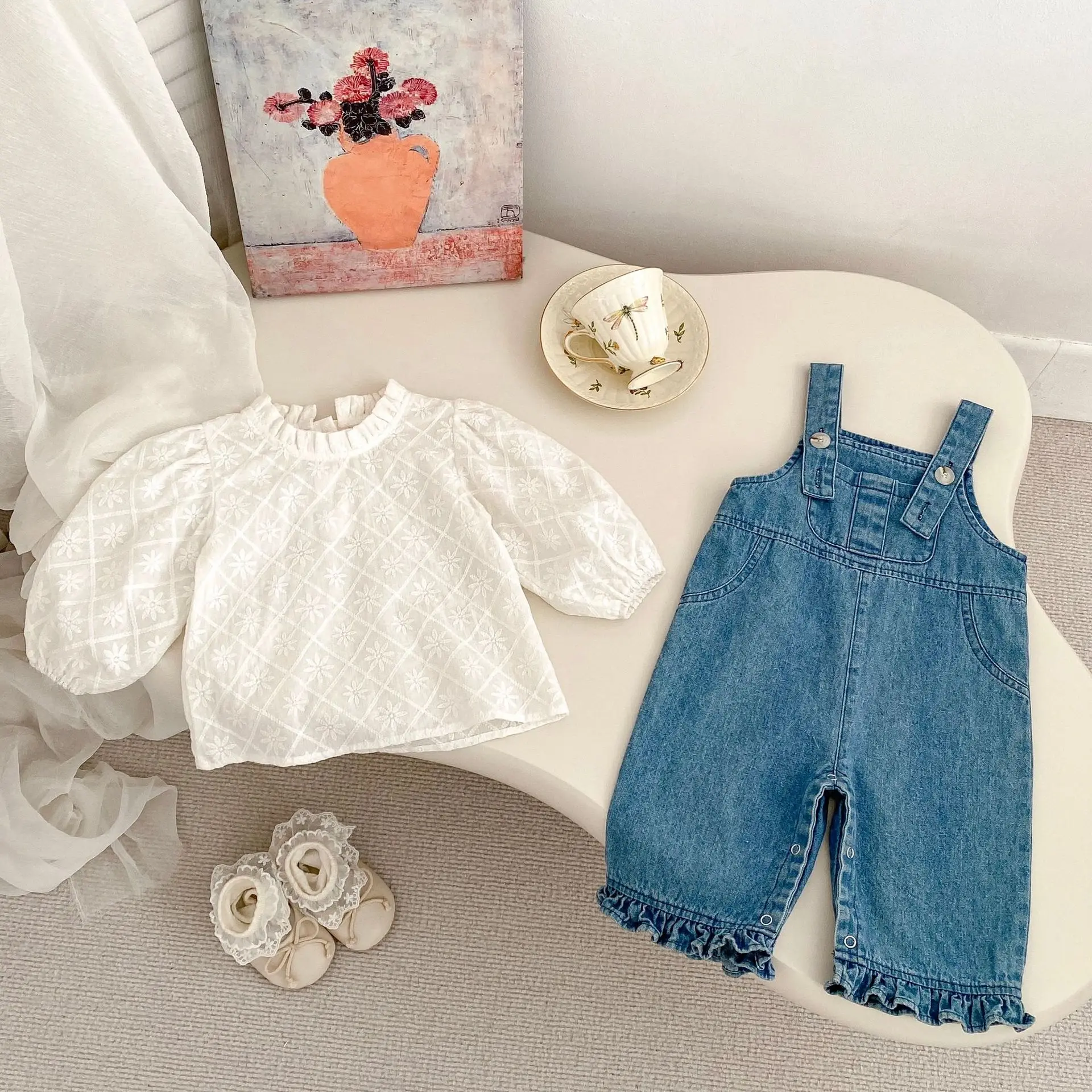 Fall New Girls Denim Overalls Versatile Embroidered Top Casual Denim Jumpsuit Romper Two Piece Set