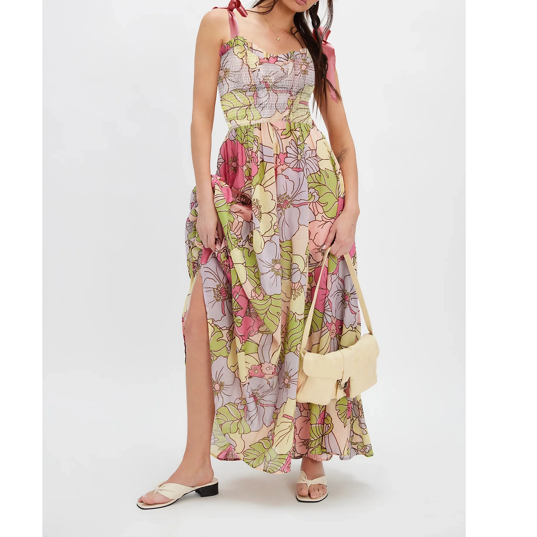 Abito da donna con spalline allacciate Abito estivo senza maniche con scollo a cuore Abito con stampa floreale Abito lungo smock