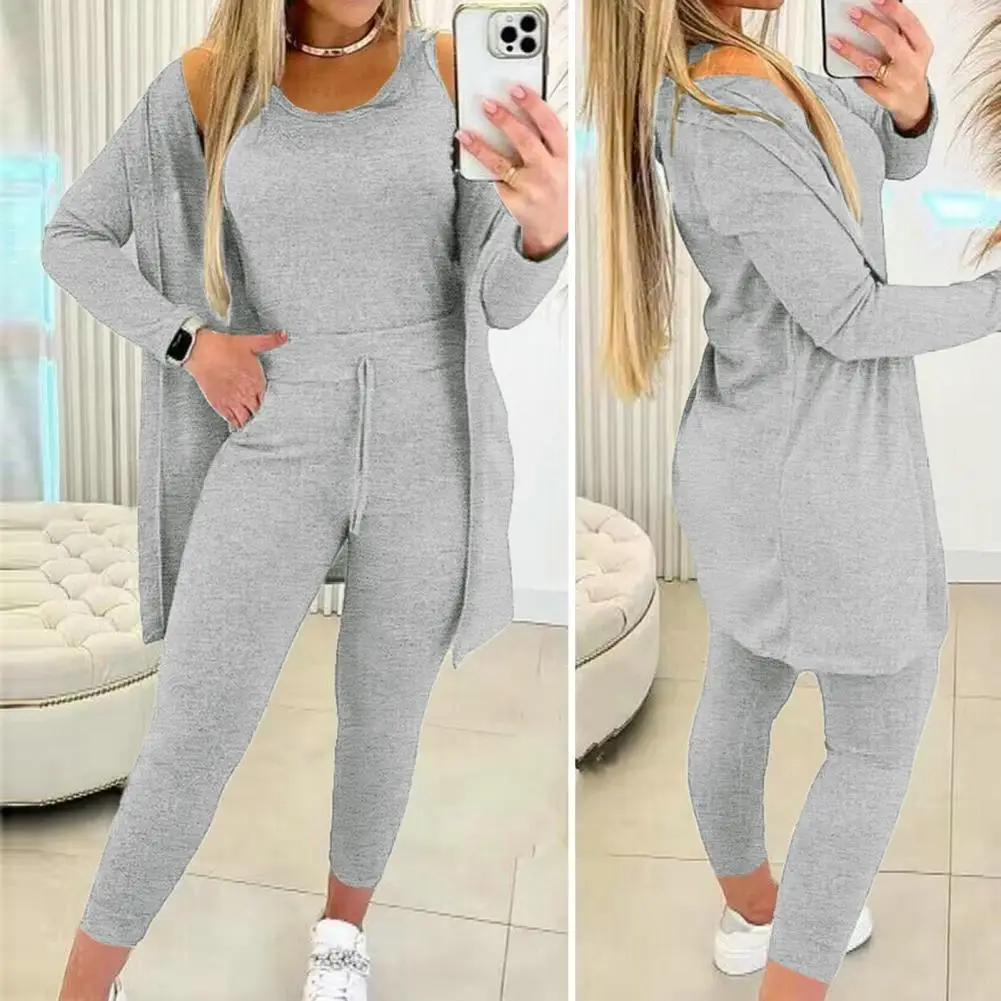 Women 3-piece Suit Women\'s 3-piece High Waist Elastic Sweatpants Suit with Vest Mid Length Coat for Fall Winter Sports Women