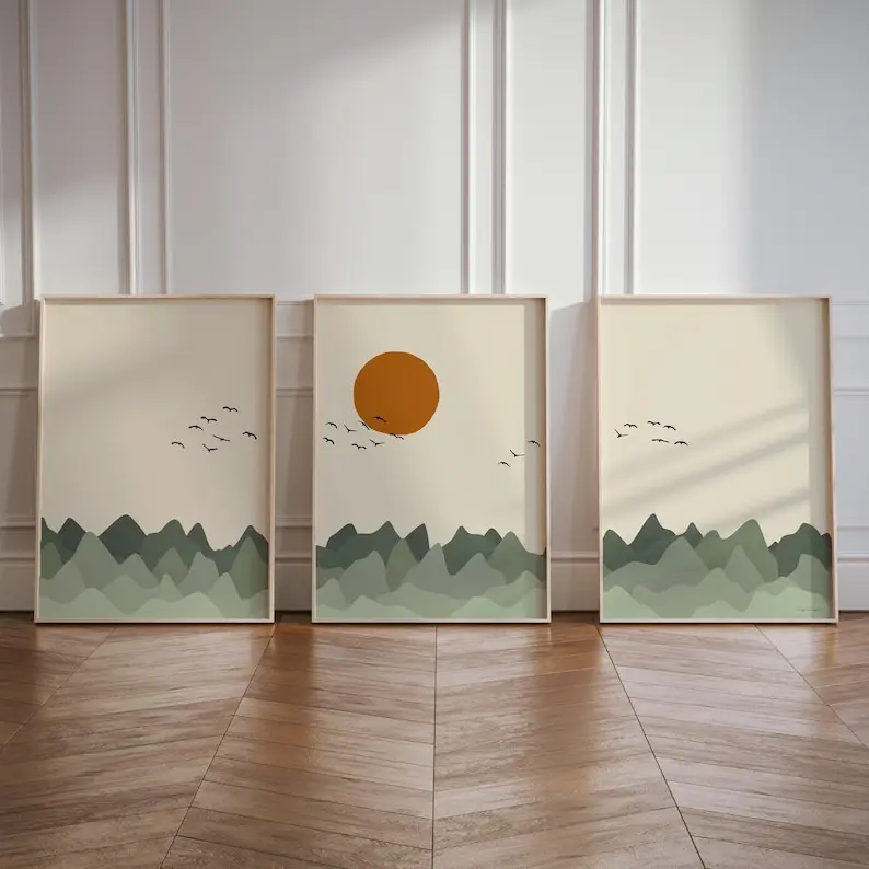 3 Stück/Set Bohemian Salbeigrüner Berg Vogel und Sonne Wandkunstdrucke Mid-Century Kinderzimmer Wandkunst Poster für moderne Heimdekoration