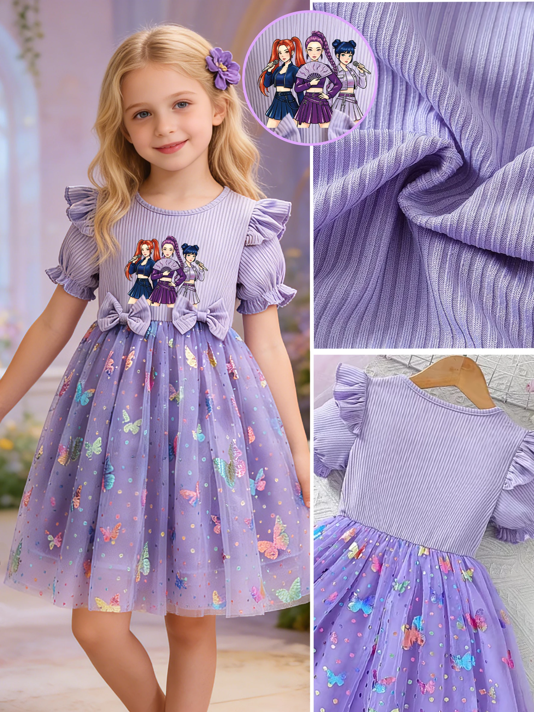 

Girls Chinese Style Girl Group Printed Dress, Colorful Butterfly Sequin Tulle Princess Dress