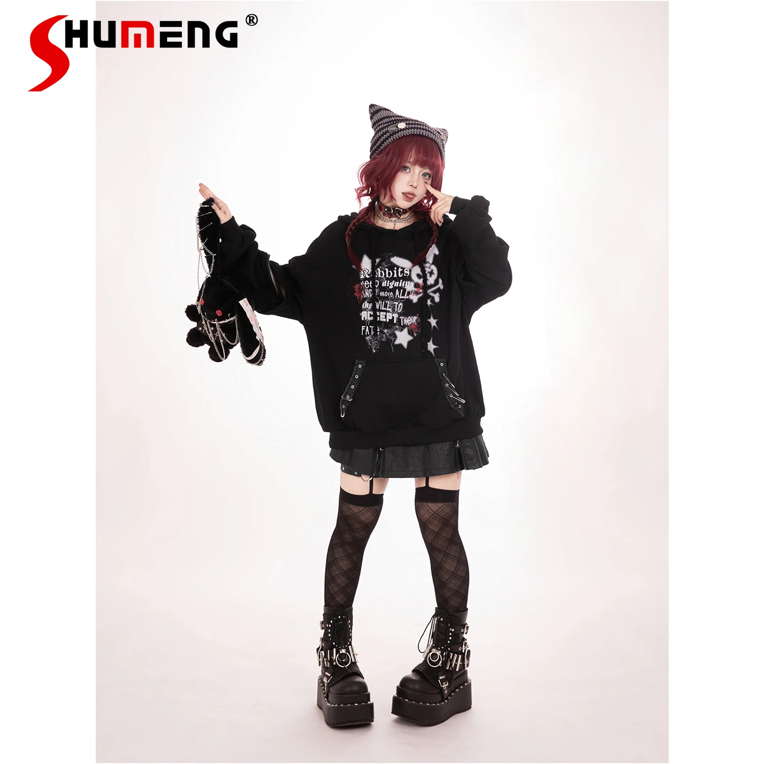

Fashion Sweet Cool Subculture Girl Anime Hoodie Rabbit Ears Plaid Hoodie Pin Rivet Loose Versatile Casual Sweatshirt Tops Women