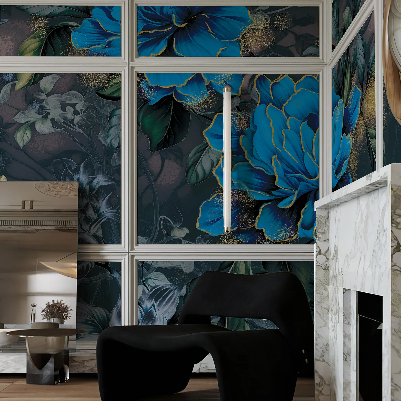European Hand Painted Peony Blue Flower Wallpaper