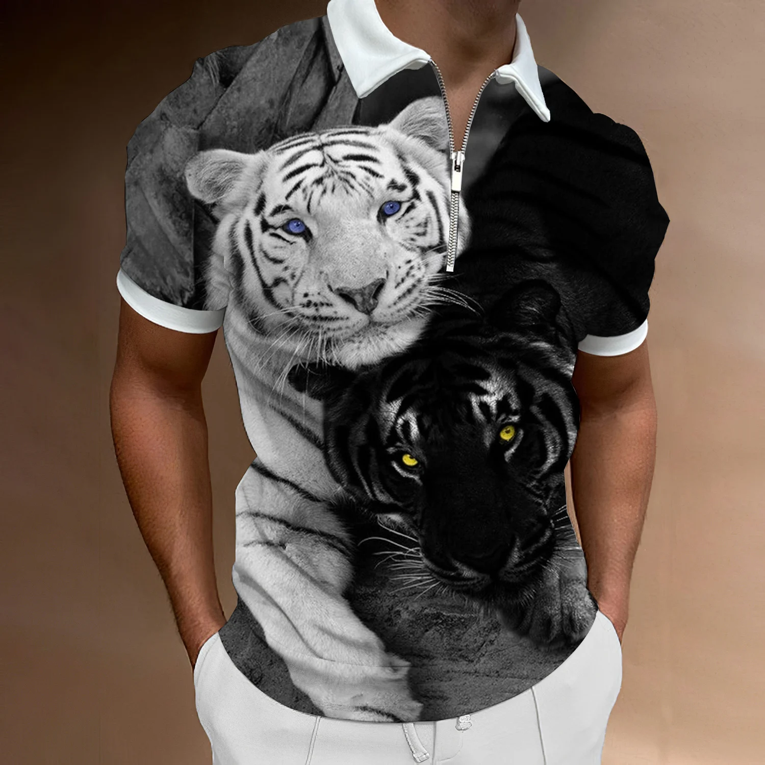 

Summer Men 2022 New Animal Tiger Head 3D Printed Loose Men's Casual Breathable Short Sleeve Zipper POLO Shirt Fashion Sport Tops