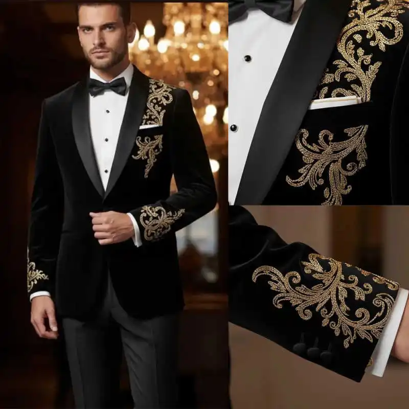 

Elegant Velvet Men's Suit 2 Pieces Jacket Pants Shawl Lapel Decal Glitter Special Occasion Wedding Banquet Party Customized