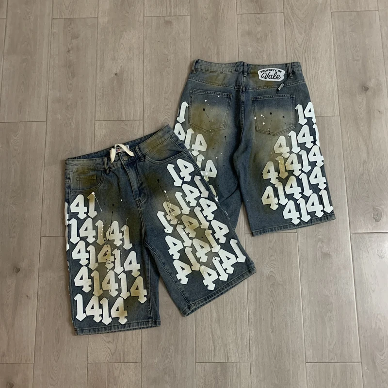 New Y2K VALLEY Men Women Loose Denim Shorts Retro Splatter Paint Number Graphic Hip Hop Streetwear Jorts