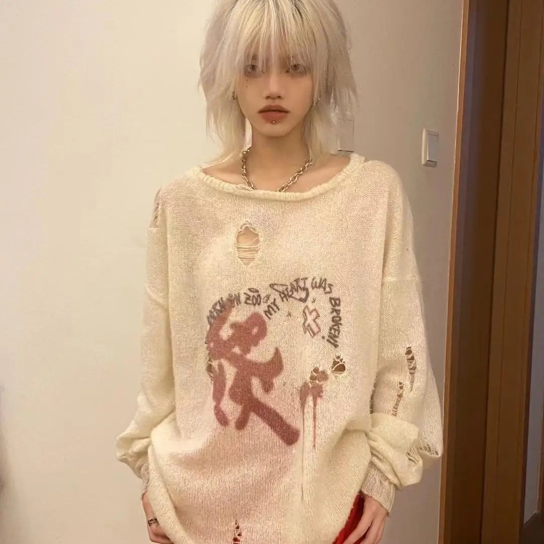 Y2k millennial punk girl tear-through design love graffiti sweater spring casual loose top Harajuku print pullover top