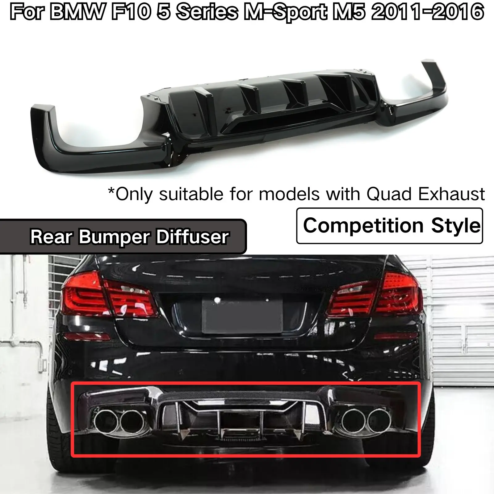 Competition Style Rear Bumper Diffuser For BMW F10 5 Series M-Sport M5 2011-2016 Quad Exhaust Spoiler Splitter Glossy Black