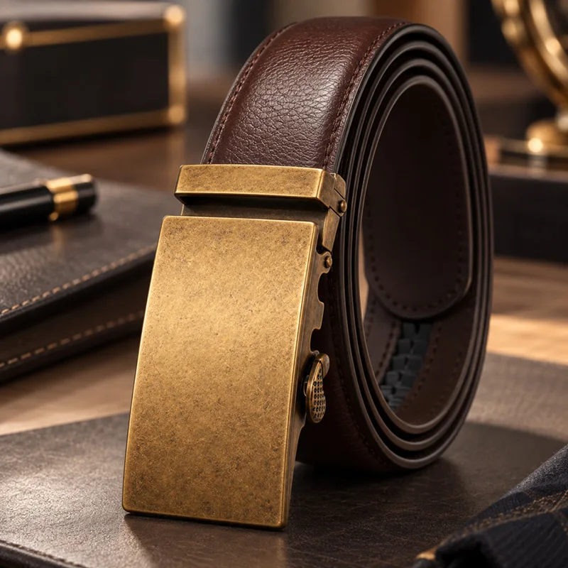 Genuine Leather 3.5cm Width Automatic Buckle Belts For Men Luxury Brand Designer Coffee Male Strap Formal Ceinture Homme B997