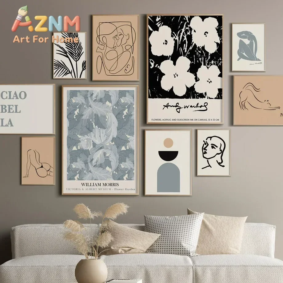 AZNM Neutral Boho Abstract Canvas Wall Art Line Art Figure Floral William Morris Print Poster for Living Room Apartment Home Wal