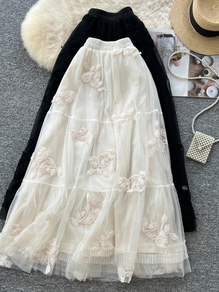 

Elegant High-Waisted A-Line Skirt with Embroidered Mesh Half-length Gentle Style City Commute Polyester Fiber Standard Fit