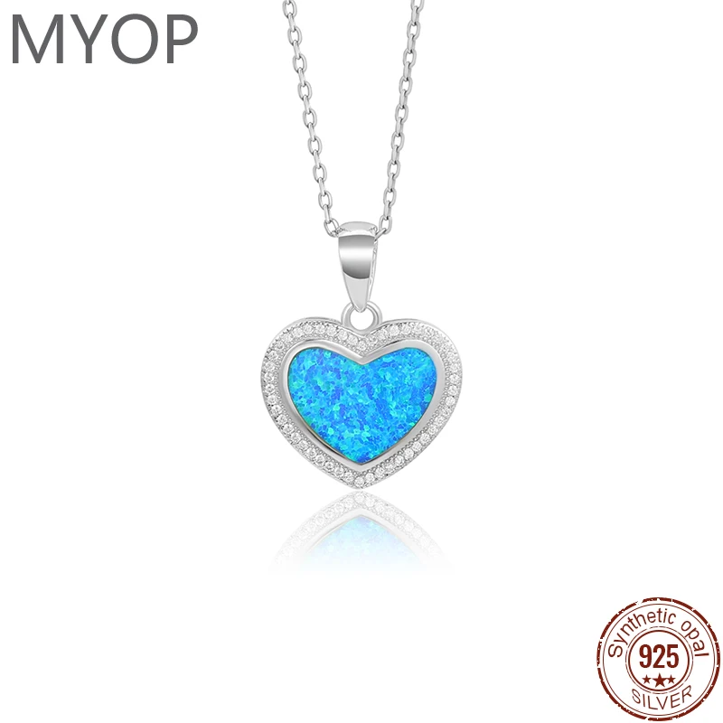 XYOP 925 Silver Gift Blue OPAL Heart Shaped Pendant White Zircon, 40+5cm Cross Necklace Everyday Simple Haute Chic Ambiance