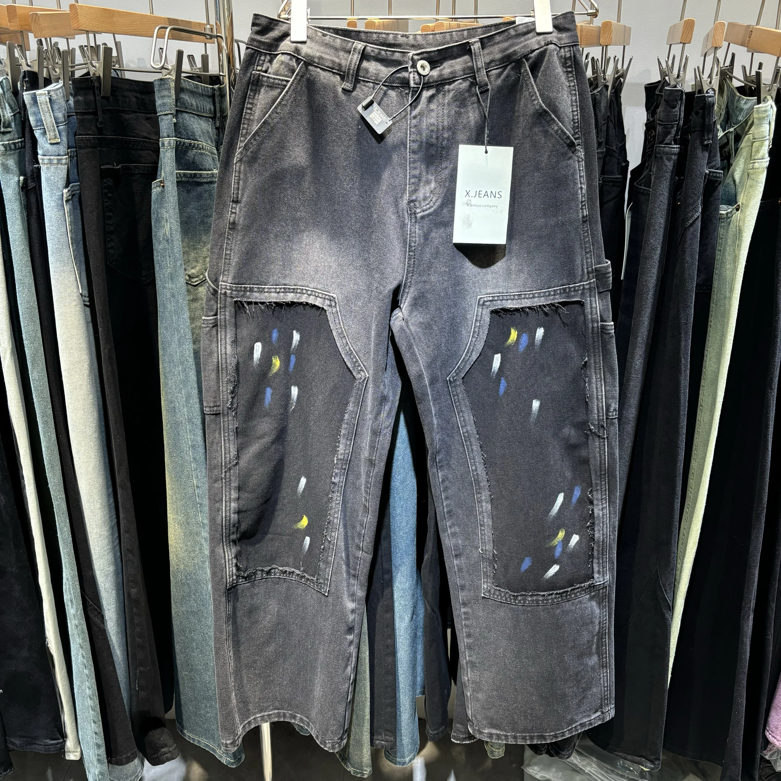 

American High Street Hand-Painted Loose Men's Bla Jeans Trendy Brand Cool Wide Leg Pants Youthful Daily Wear Cotton Denim