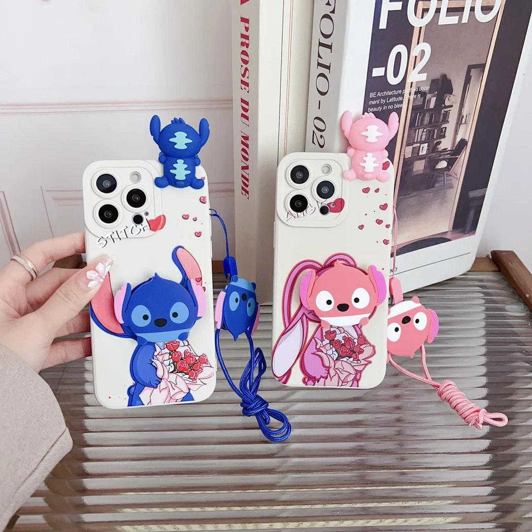 

Cartoon couple Stitch Angel 3D mini Toy Phone Holder Case For iPhone 16 15 13 12 11 14 ProMax XR XS 7 8 16 Plus With Strap Cover