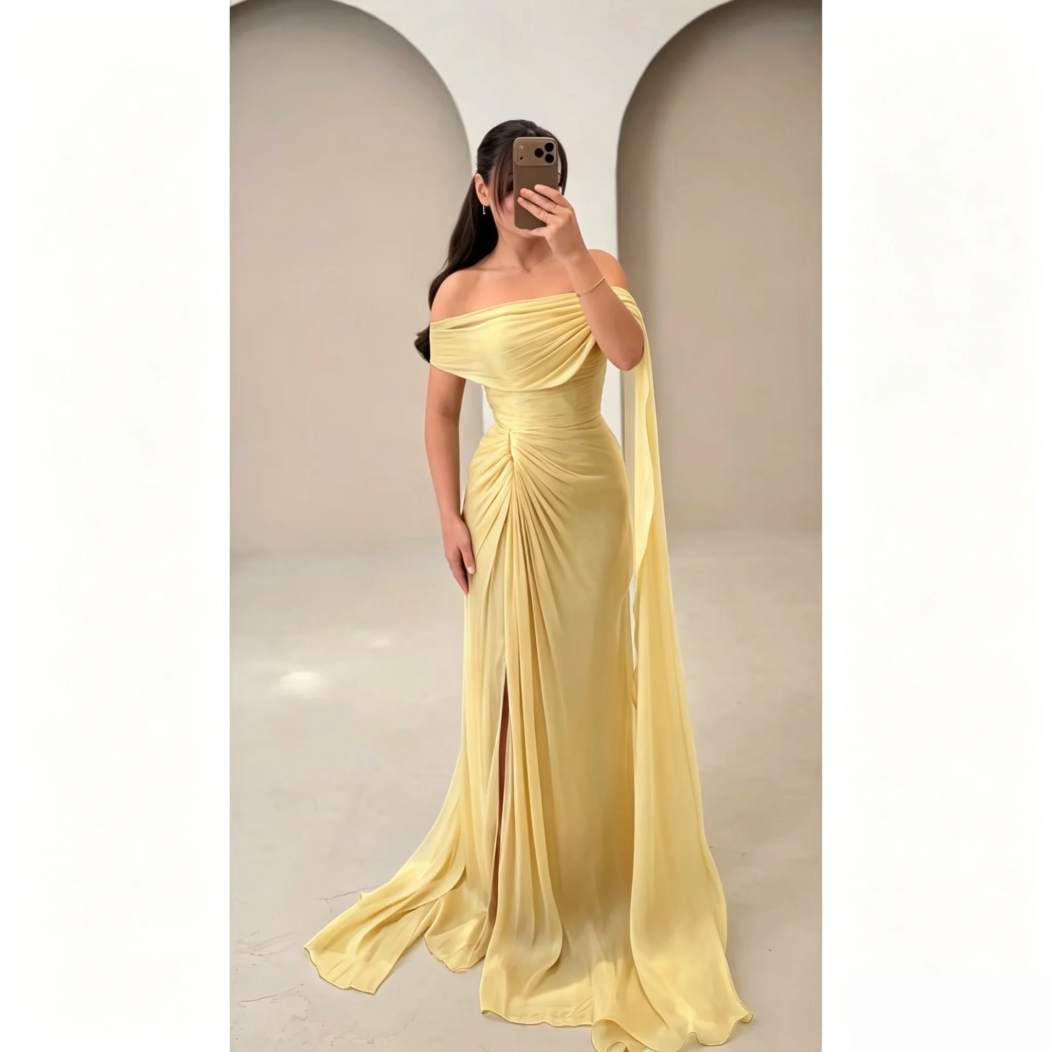 Women Off Shoulder Chiffon Evening Dresses Ruched Twist Front Slit Floor Length Wedding Party Formal Dresses