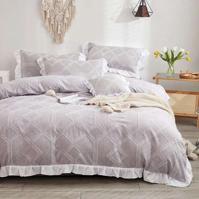 Boho Flower Cutting Bedding Set Geometric Textured Ruffles Duvet Cover Set Skin-friendly Comfortable Princess Style Quilt Covers