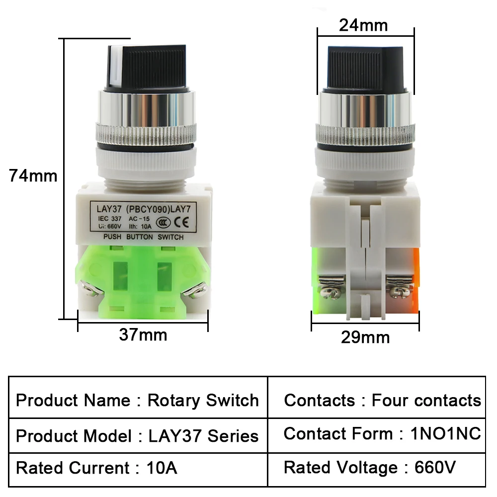 22MM Rotary Switch Knob Button 22mm 4 Screws Terminals 2 Way Small Size 2 Position ON-OFF LAY7 LAY37 1NO1NC 10A 660V Latching