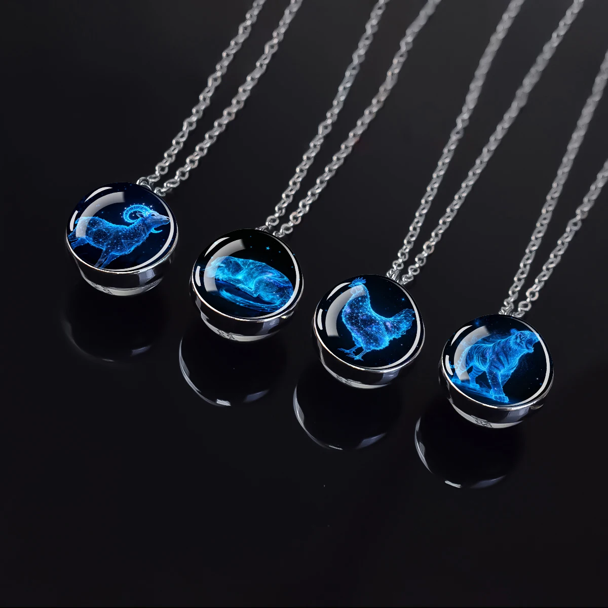1pc Cyberwind Fluorescent Blue Zodiac Pattern Glass Ball Pendant Necklace Fashionable and Exquisite Zodiac Necklace