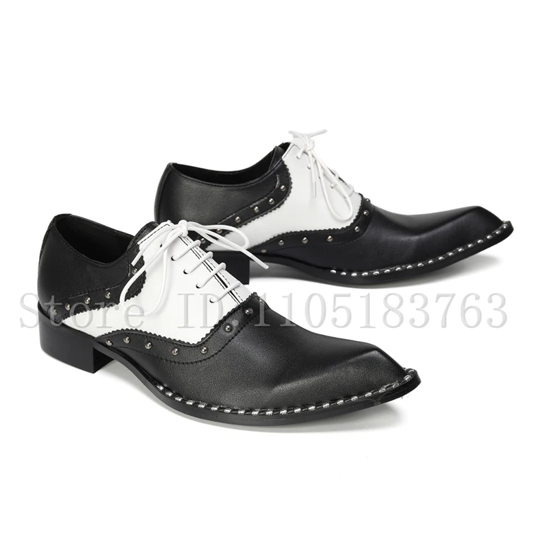 

Men's Gothic Rivet Two-Tone Pointed Toe Lace Up Formal Dress Shoes Punk Style Black White Oxford Shoes for Party Prom
