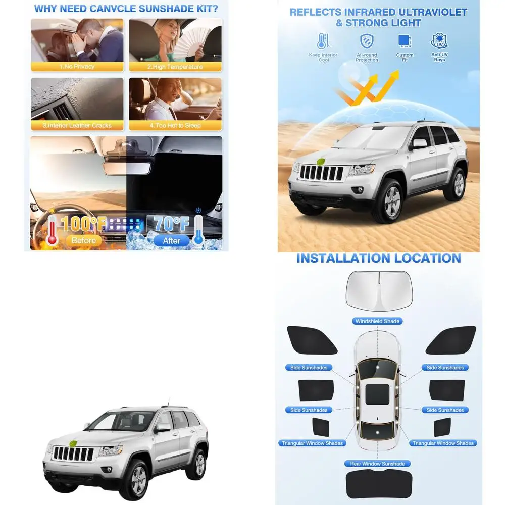 

Black Side Rear Window Shade Covers for 2011-2021 Grand Cherokee, 8PCS, UV Protection, Privacy, Vehicle Cooling