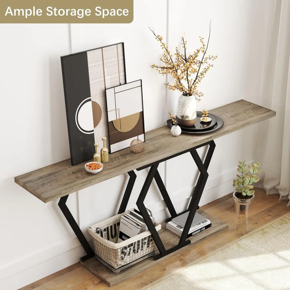 

Geometric Base Sofa Table: Industrial Rustic Entryway Table with Open Storage - Behind Couch Design