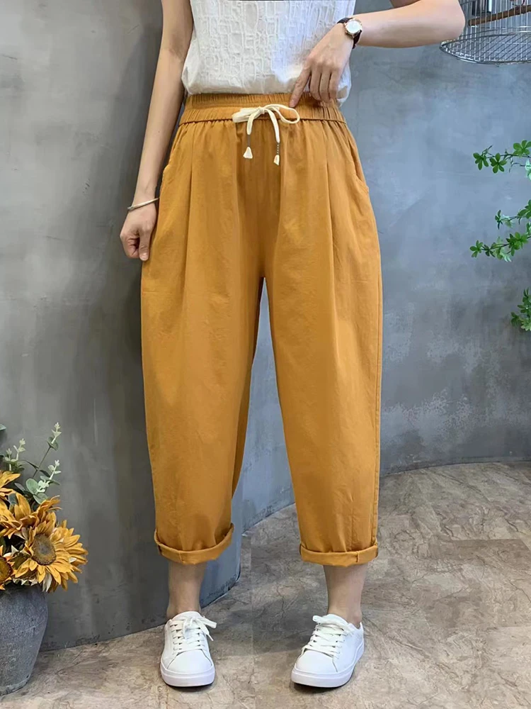 Khaki Classic Cotton Harem Pants for Women 2023 Sumemr White Elastic Waist Bloomers Trousers Home Capri Pants Women's Joggers