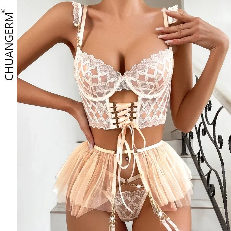 CHUANGERM Sexy Erotic Lingerie Romantic Seductive Intamite Wear Attractive Chest Suspenders Onlyfans Kit Lace Bra Set 3-Pieces