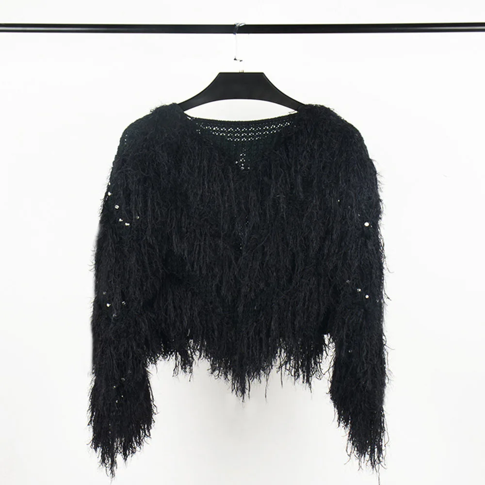 Luxury Sweater Coat For Women Irregular Rhinestone Sequins Fringed Knit Cardigan Bat Sleeve Hollow Beaded Faux Fur Tassels Tops