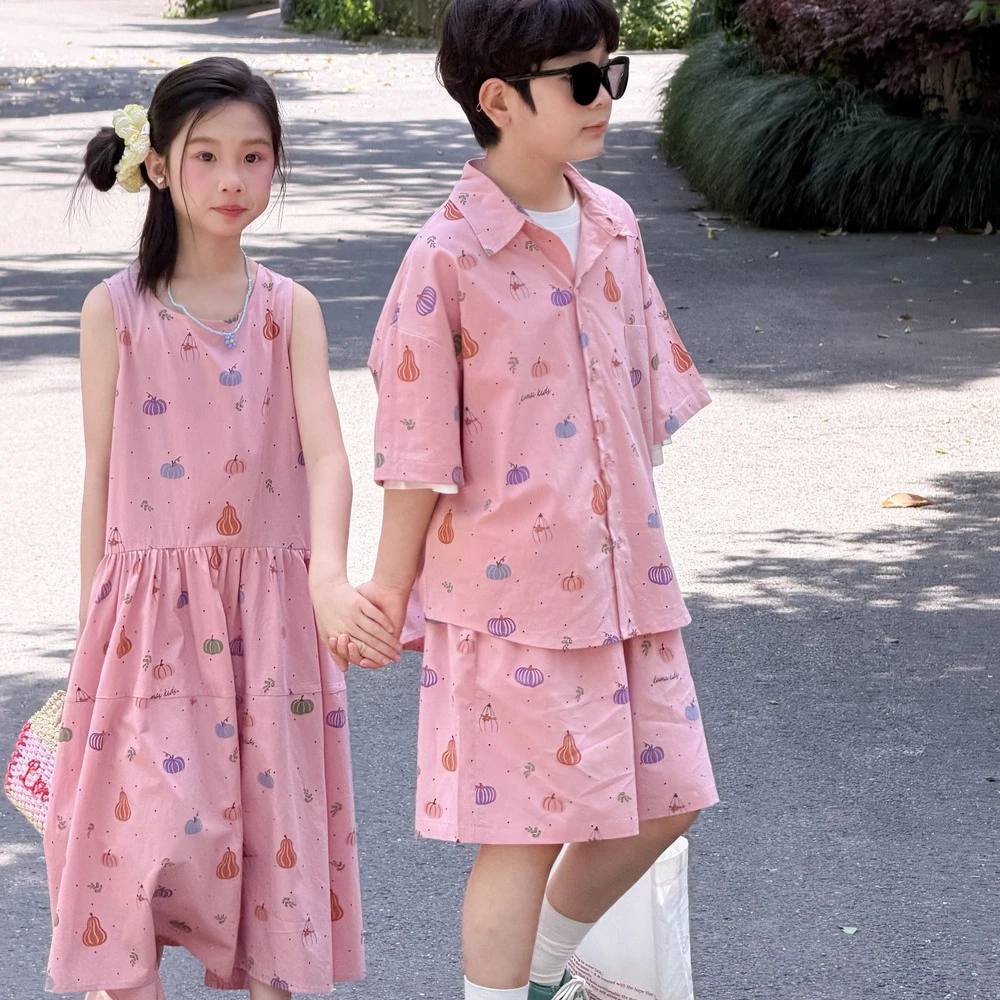 Set 2026 Spring and Summer New Childrens Clothing Korean Boys and Girls Printed Shirt Shorts Two-piece Dress Brother and Sister
