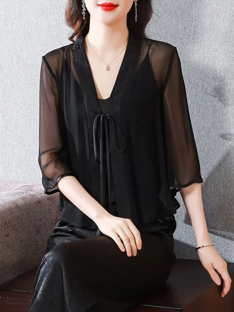 Mid Sleeve Chiffon Sun Protection Clothing for Women Featuring Chinese Style Shawl and An Outer Cardigan Top Short Jacket Y80