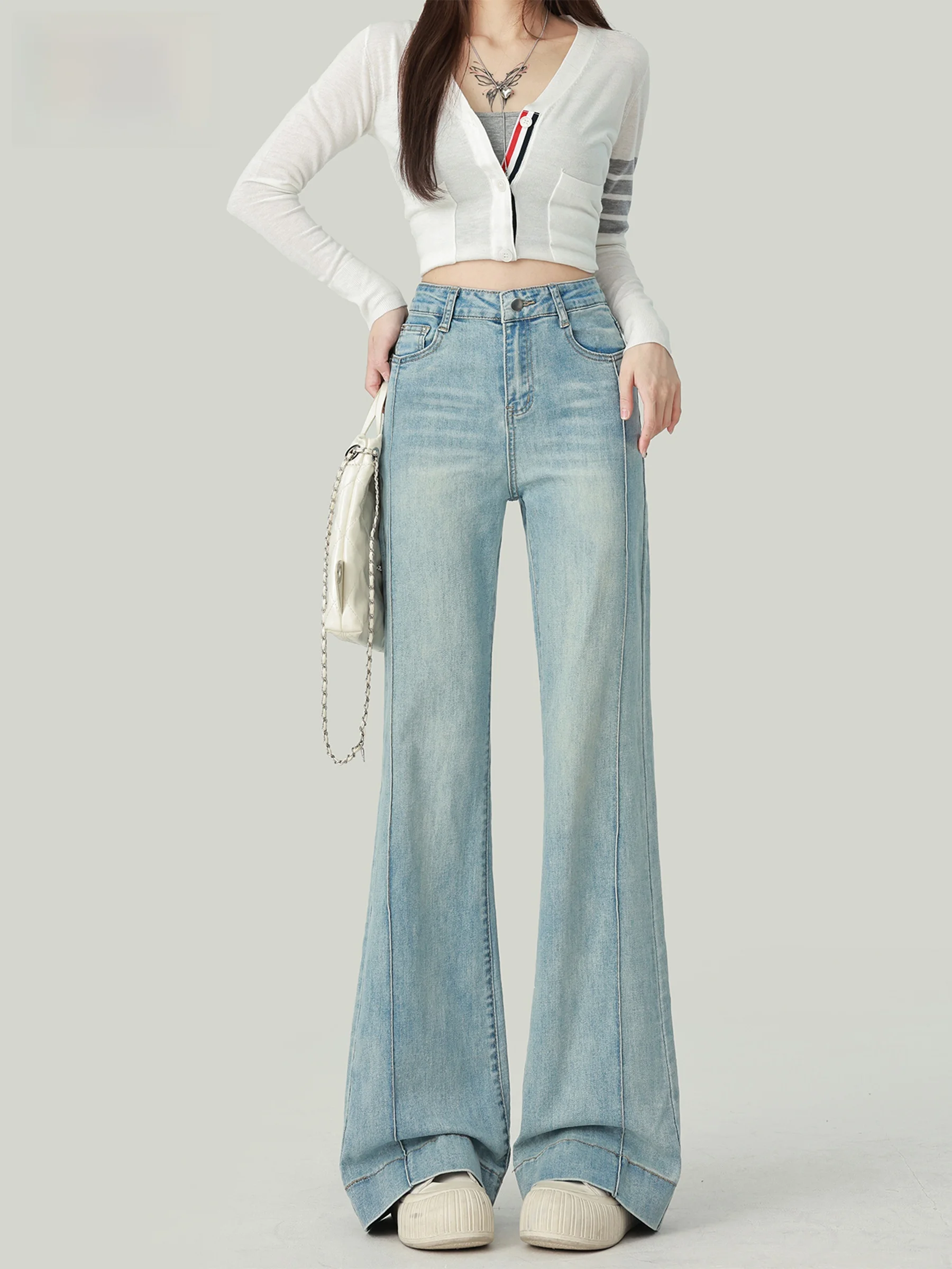 

Женские джинсы с высокой талией, облегающие, синие, с высокой эластичностью, широкие штанины, повседневный стиль, осенняя новинка, износостойкие джинсовые брюки