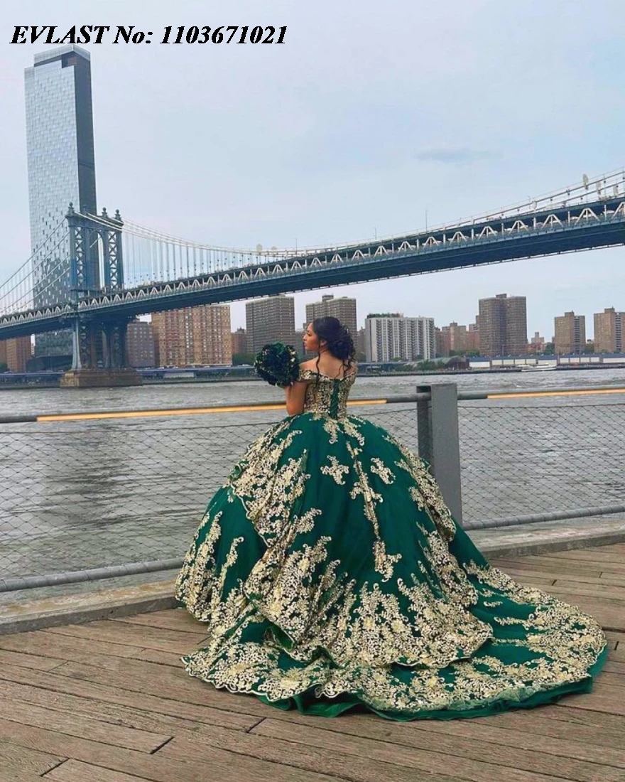 EVLAST Customized Green Quinceanera Dress Ball Gown Gold Lace Applique Beading Tiered Mexican Sweet 16 Vestidos De 15 Anos SQ492