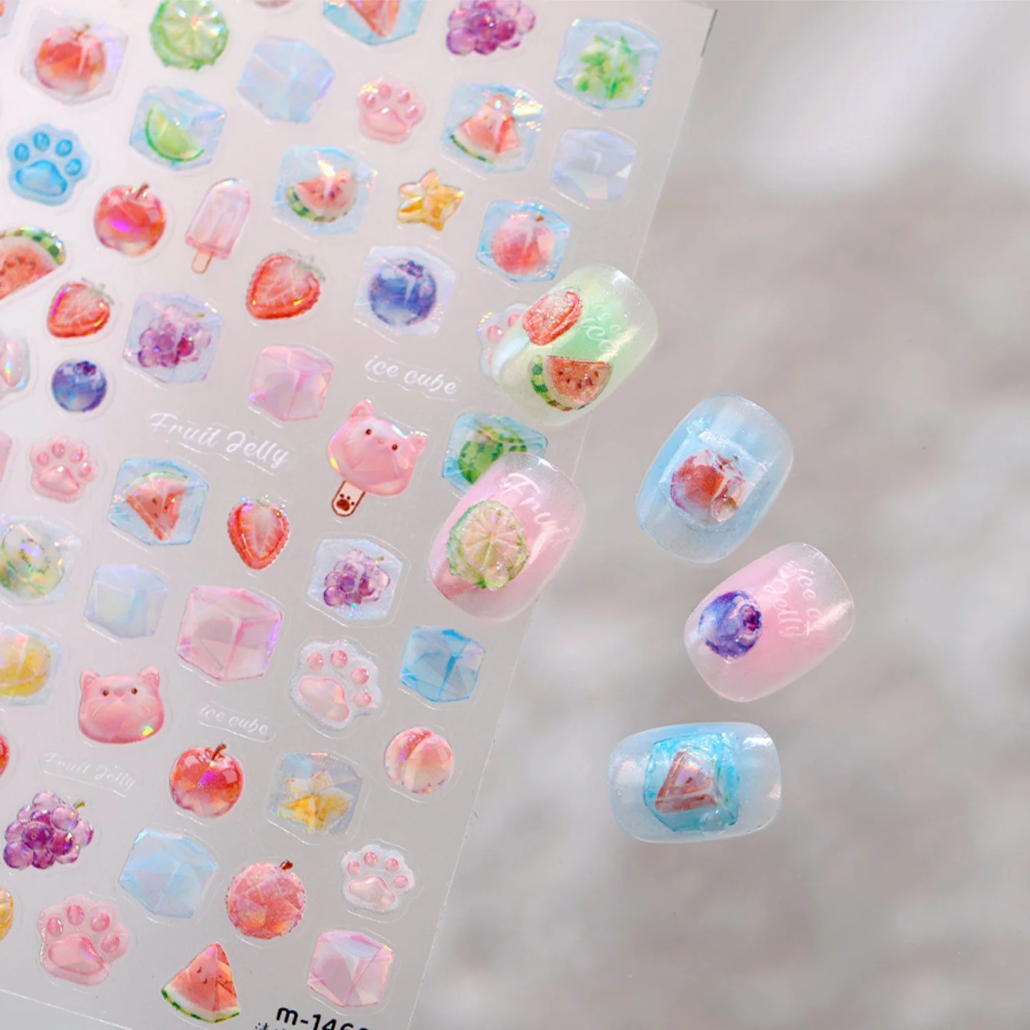 Aquarell-Frucht 5D Nagelaufkleber Wassermelone Erdbeere Traube Eiscreme Katzenpfote Eiswürfel Selbstklebende Sommer-Frische Abziehbilder