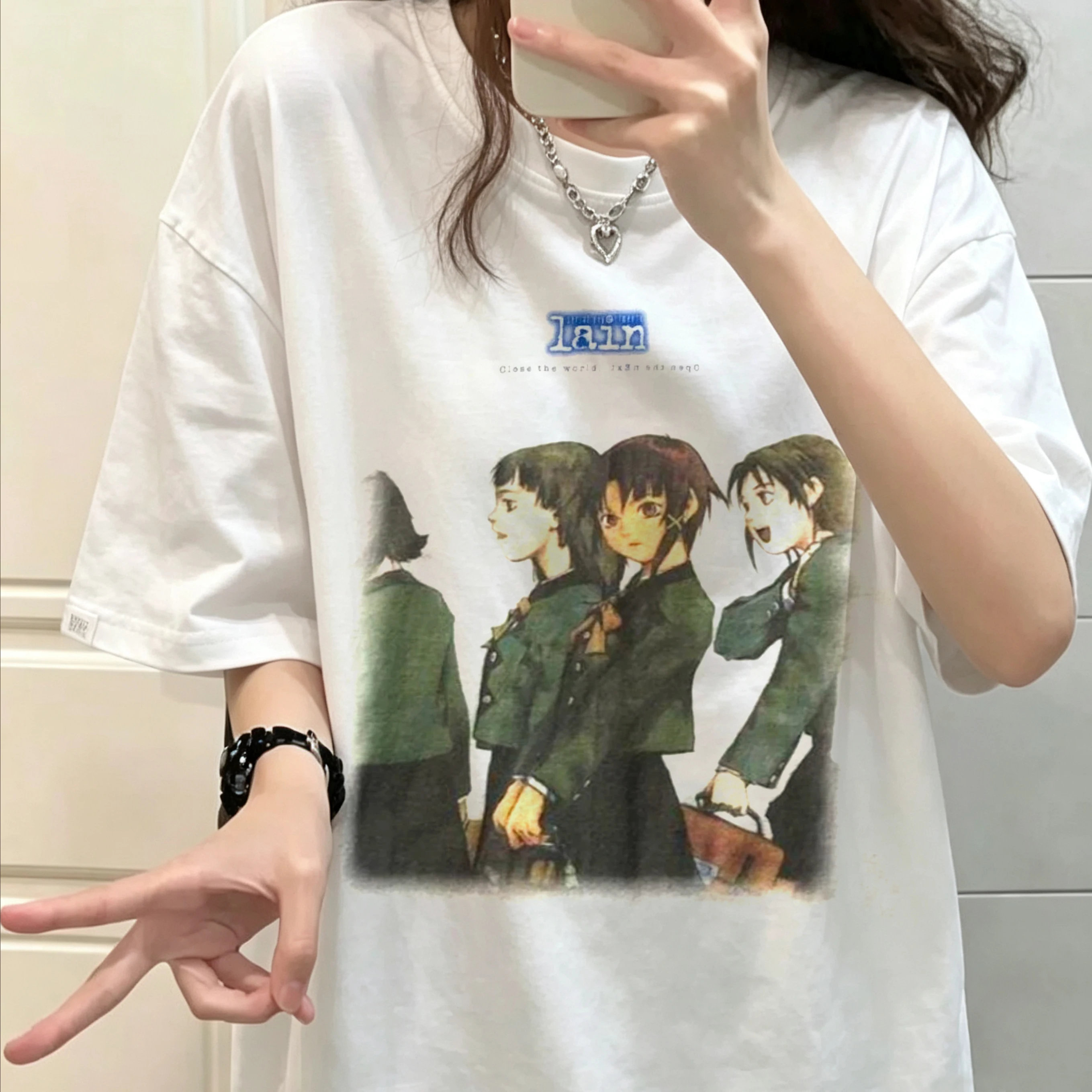 Anime Serial Experiment Lain Graphic Print Cotton T-shirt Japanese Manga Street Trend Clothing Men Women Harajuku Y2K Streetwear