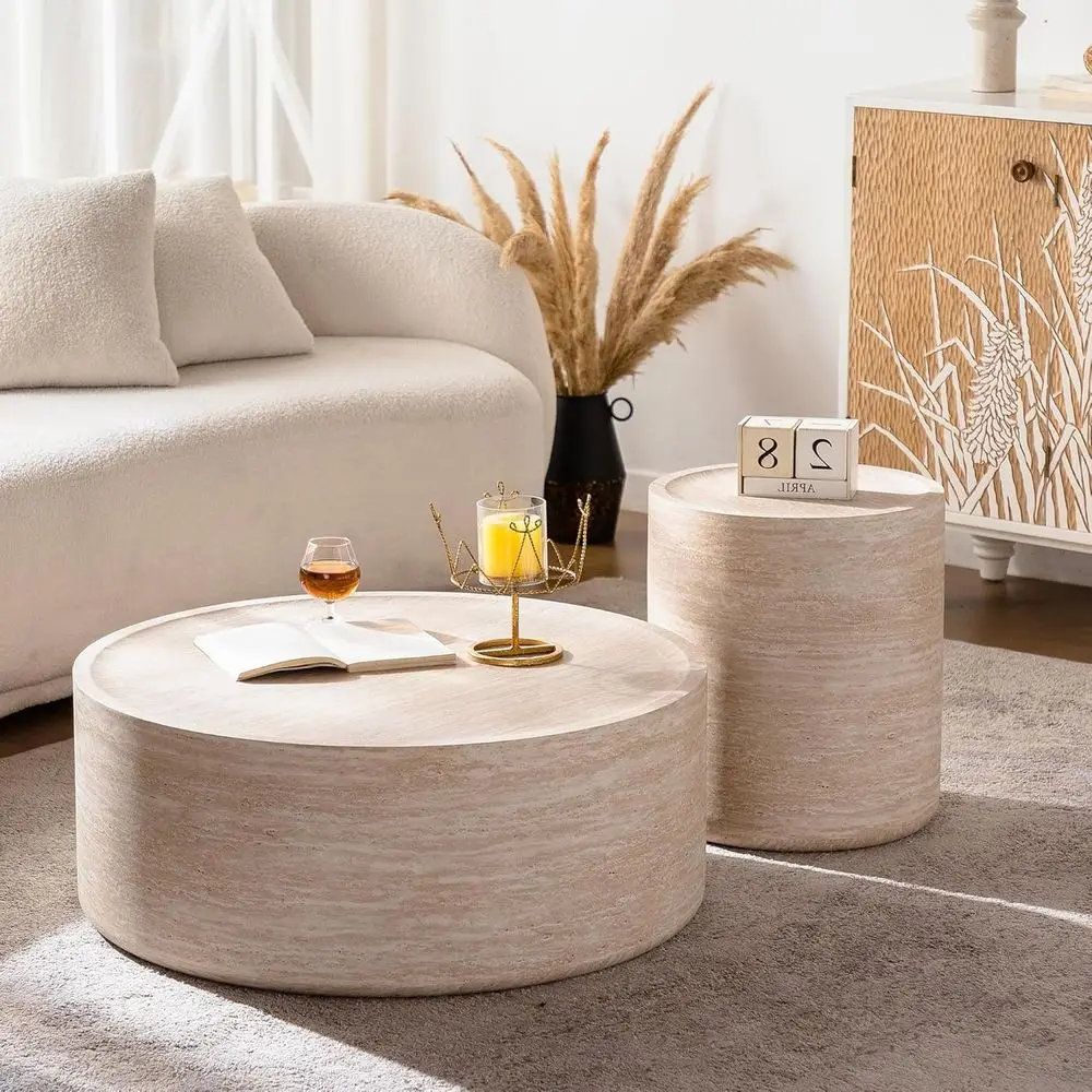 

31.5 Drum Coffee Table and 15.7 Small End Table Set in Travertine for Living Room or Apartment