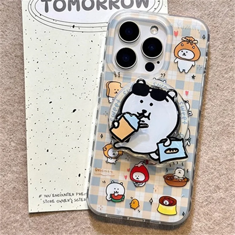 Magnetic checkered white Little Bear illustration phone case with magnetic bracket for iPhone 11 12 13 14 15 16 17 Pro mx