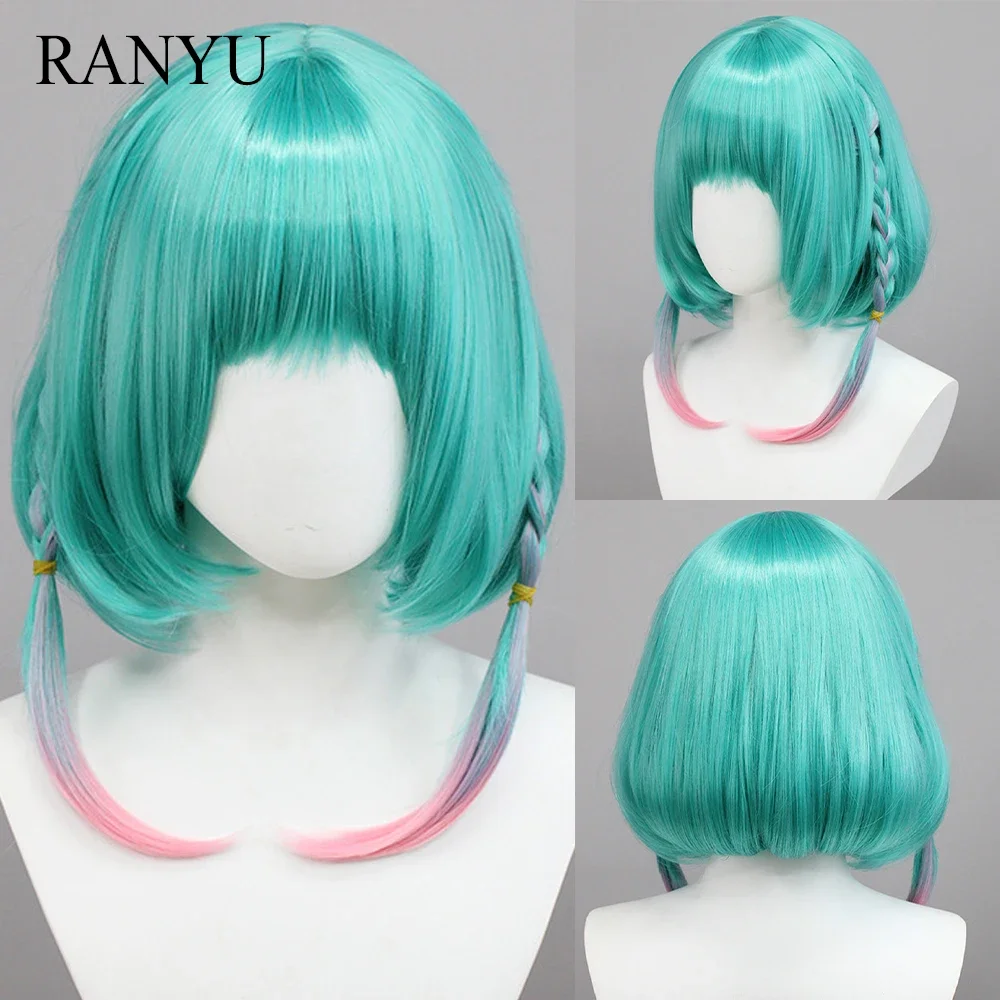 RANYU Ombre Blue Pink Gradient Short Straight Synthetic Women Anime Game Cosplay Hair Wig For Daily Party