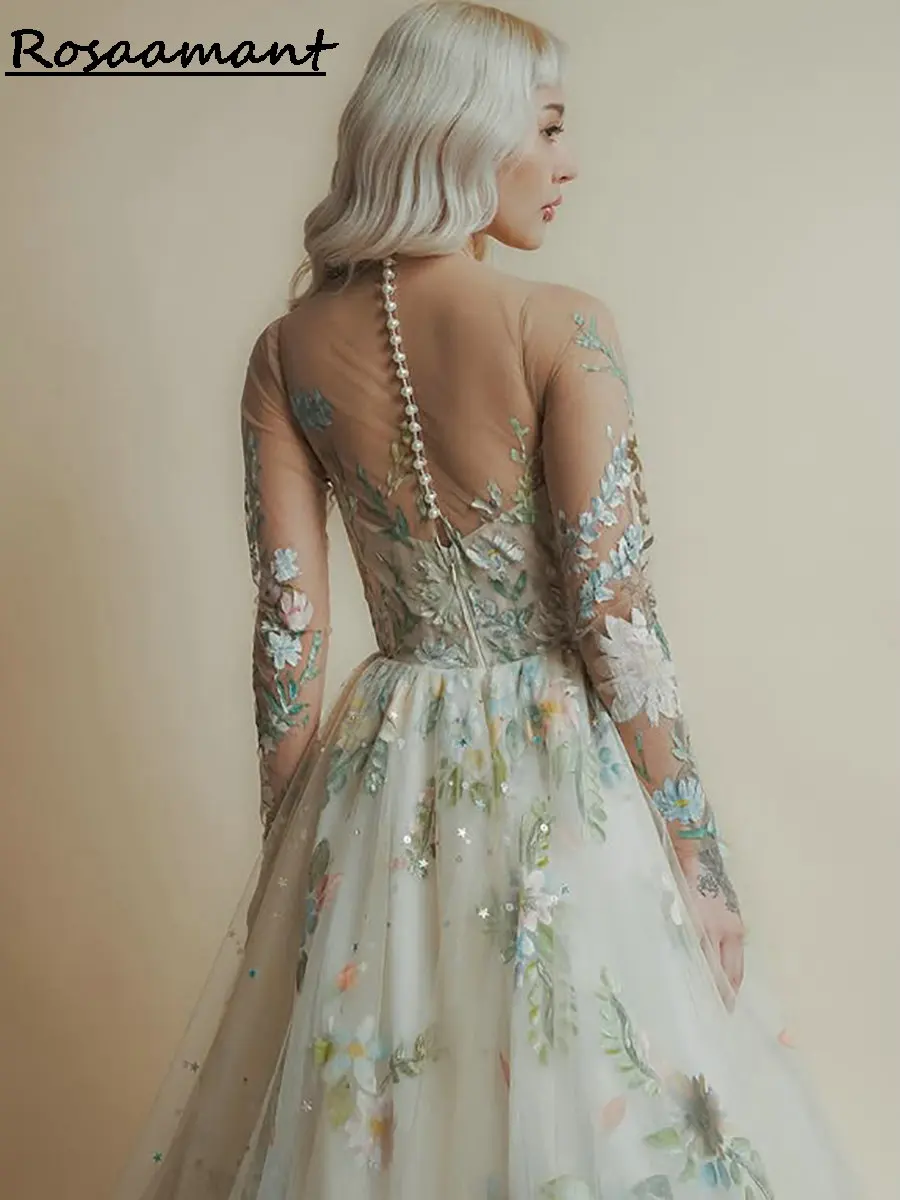 Colorful Floral Appliques Lace A-Line Wedding Dresses Illusion O-Neck Long Sleeve Country Bridal Gowns