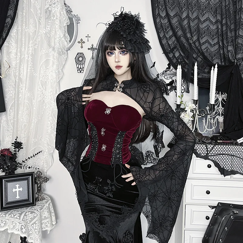 Gothic Hot Girl Set up Subculture Lace oulder awl Red Bla Cosplay Costume loween Themed Outfit