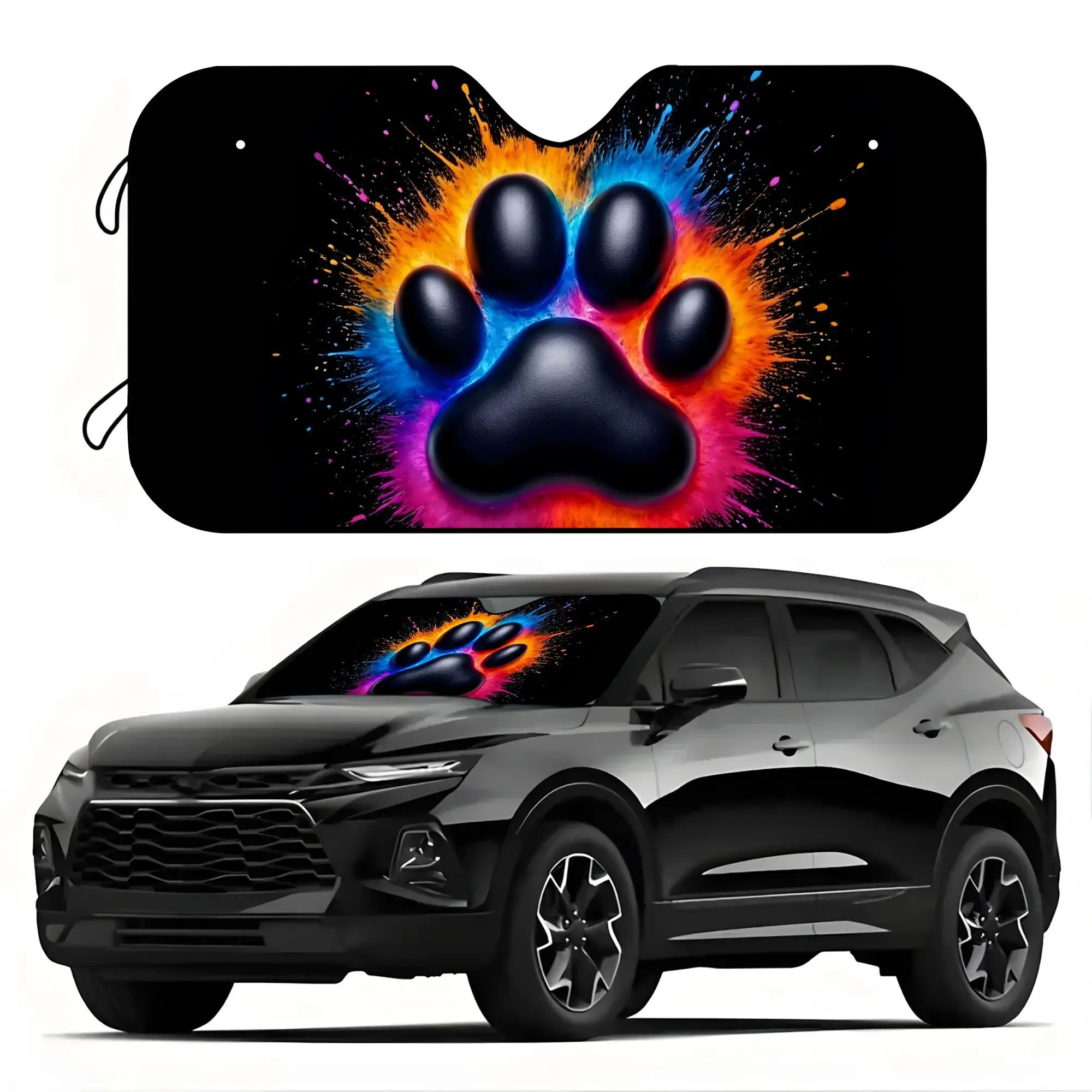 1pc Rainbow Splatter Paw Print Car Sunshade, UV And Heat Protection, Foldable, Universal Front Windshield Sun Visor, Protects Ca