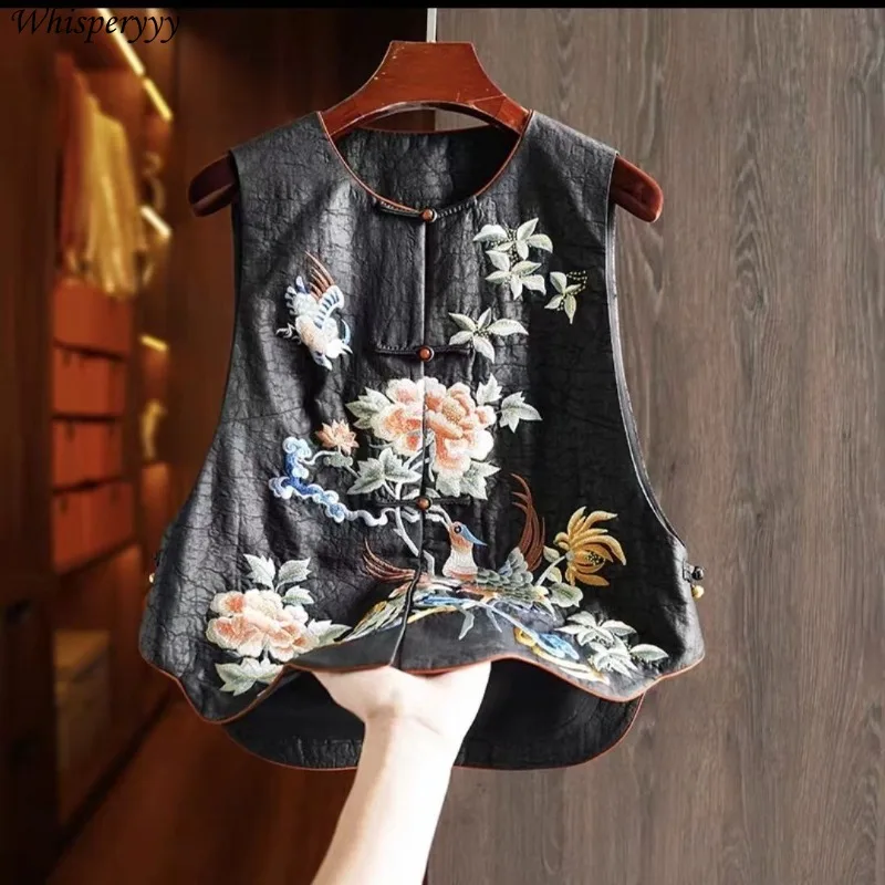 

Черный жилет с вышивкой для женской одежды, новый жилет в китайском стиле, винтажный жилет без рукавов, женские топы с дисковой пряжкой