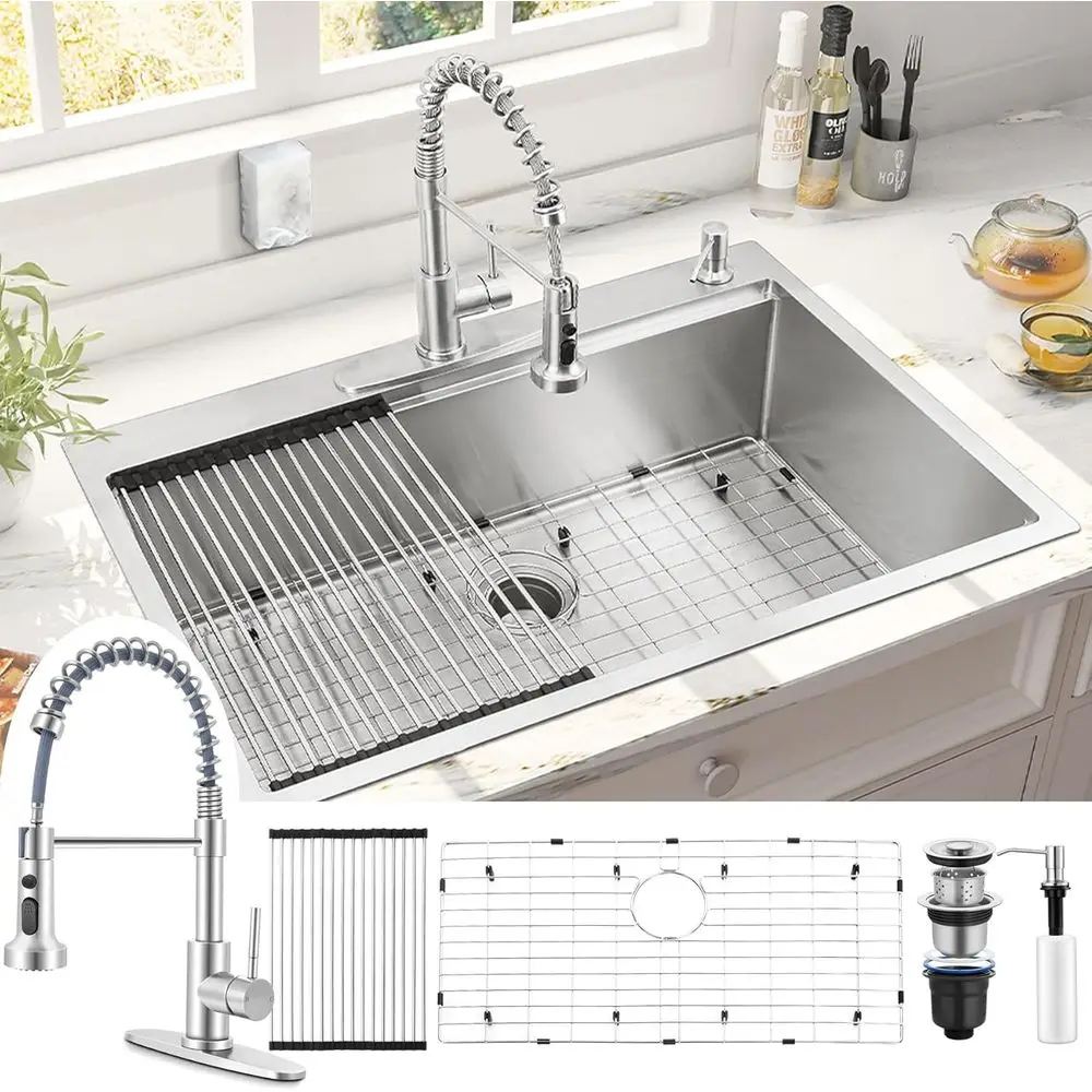 

Кухонная мойка с одной чашей 33x22 дюйма, встраиваемая, с краном, из нержавеющей стали 18/10, 16 калибр, ручной работы, глубина рабочей поверхности 10 дюймов