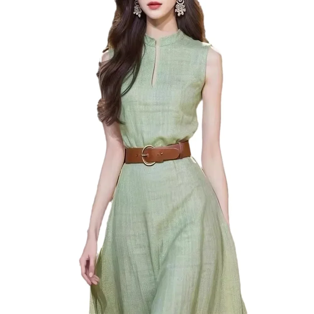 Elegant Green Long Dress Without Sleeves For Women Summer Style French High End Classical Airy Female Fashion Green Gown