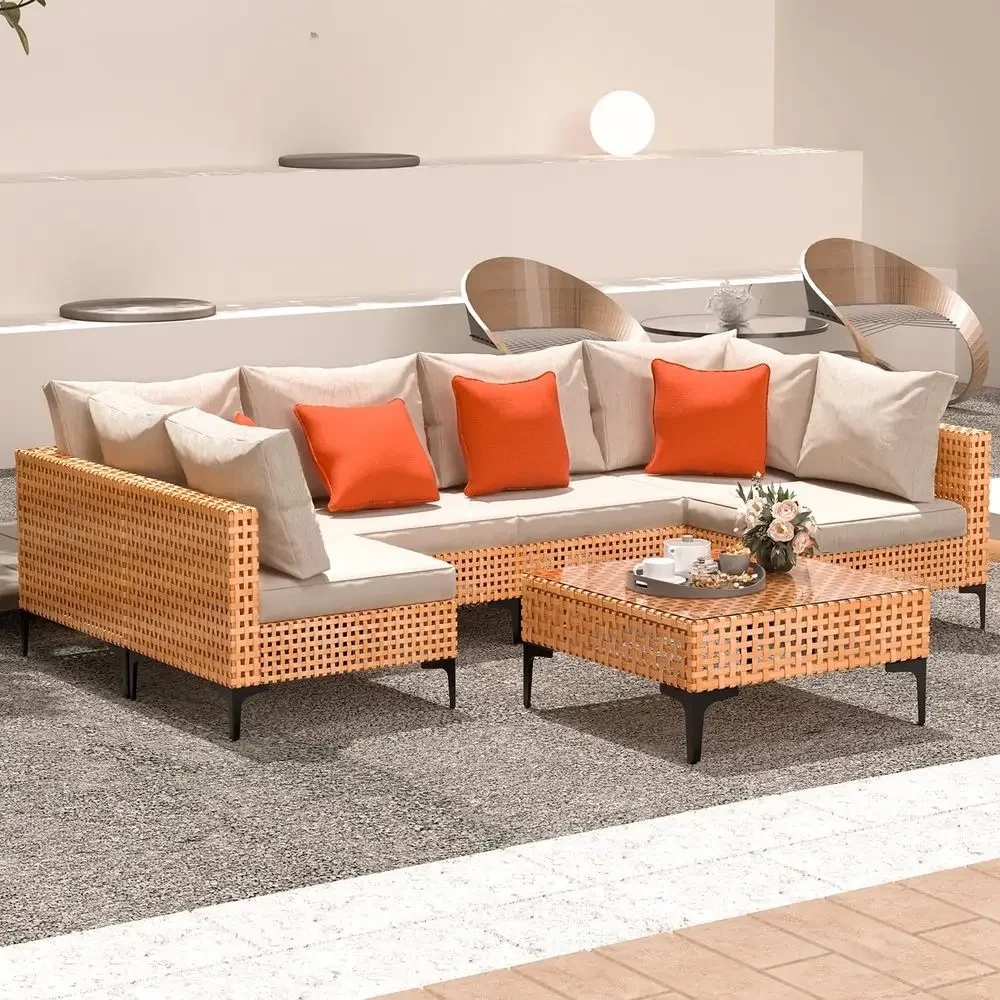 

7-Piece Outdoor Patio Furniture Set with Wicker Sectional Sofa, Cushions, and Tea Table for Balcony, Porch, Deck, or Yard in Sal
