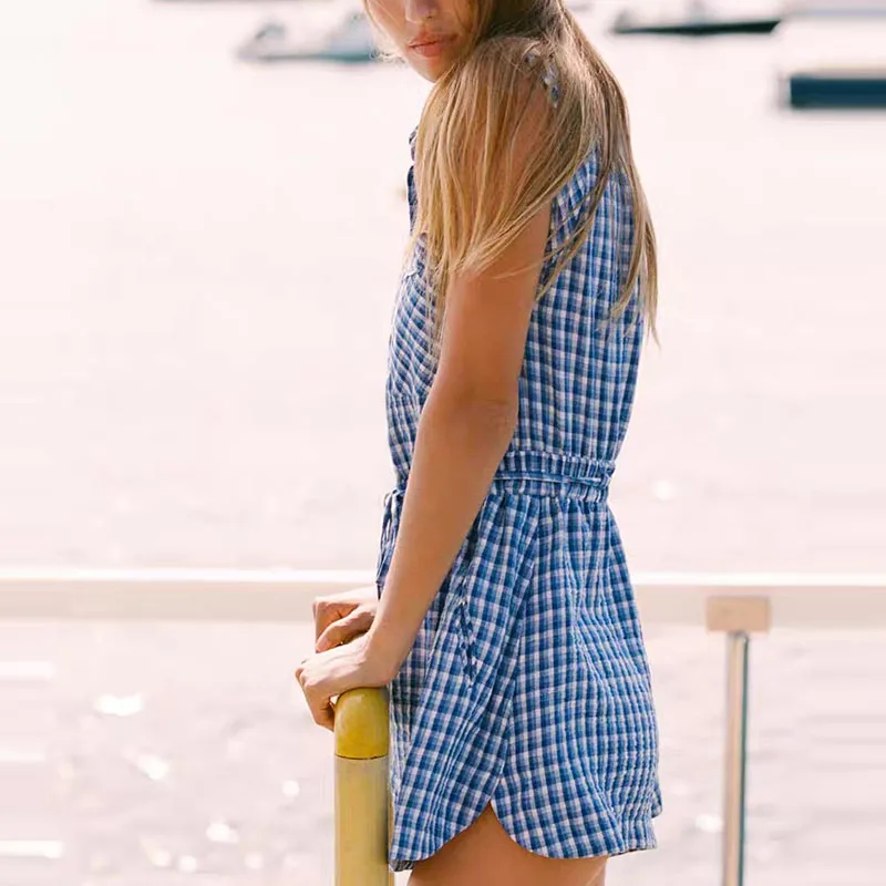 acão curto f xadrez simples sem mangas com gola, primavera 2025, Z estilo urbano, cintura alta, fibra de polié...