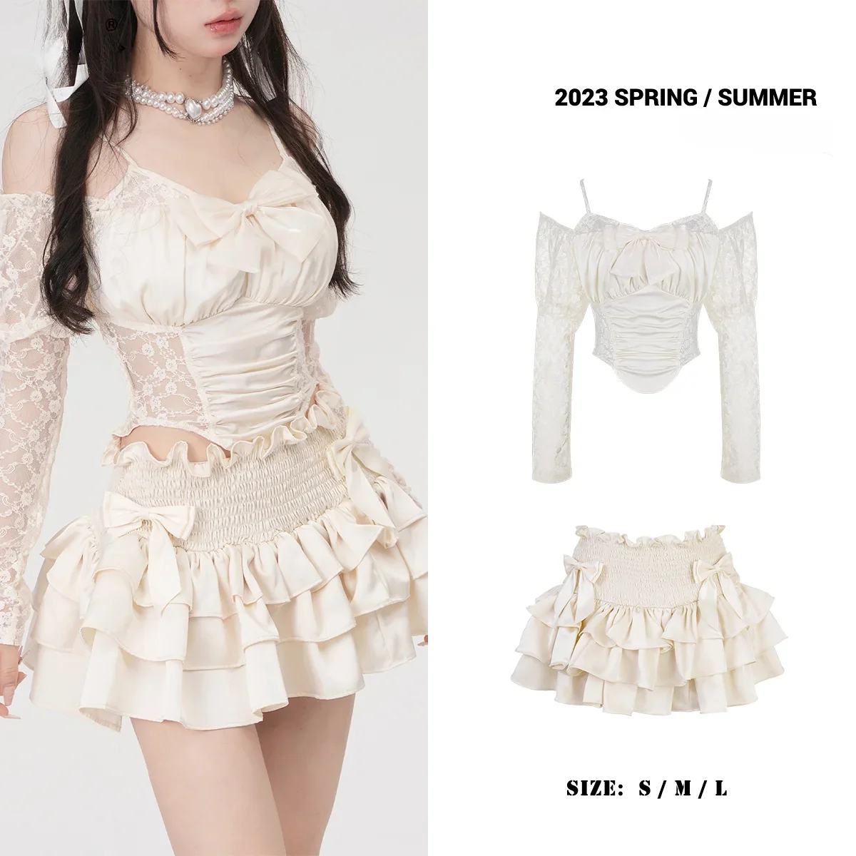 

Lace Sweet Sexy Two Piece Set Women Summer Vintage Elegant Cake Skirt Suit Female Retro Bow Blouse Korea Mini Skirt