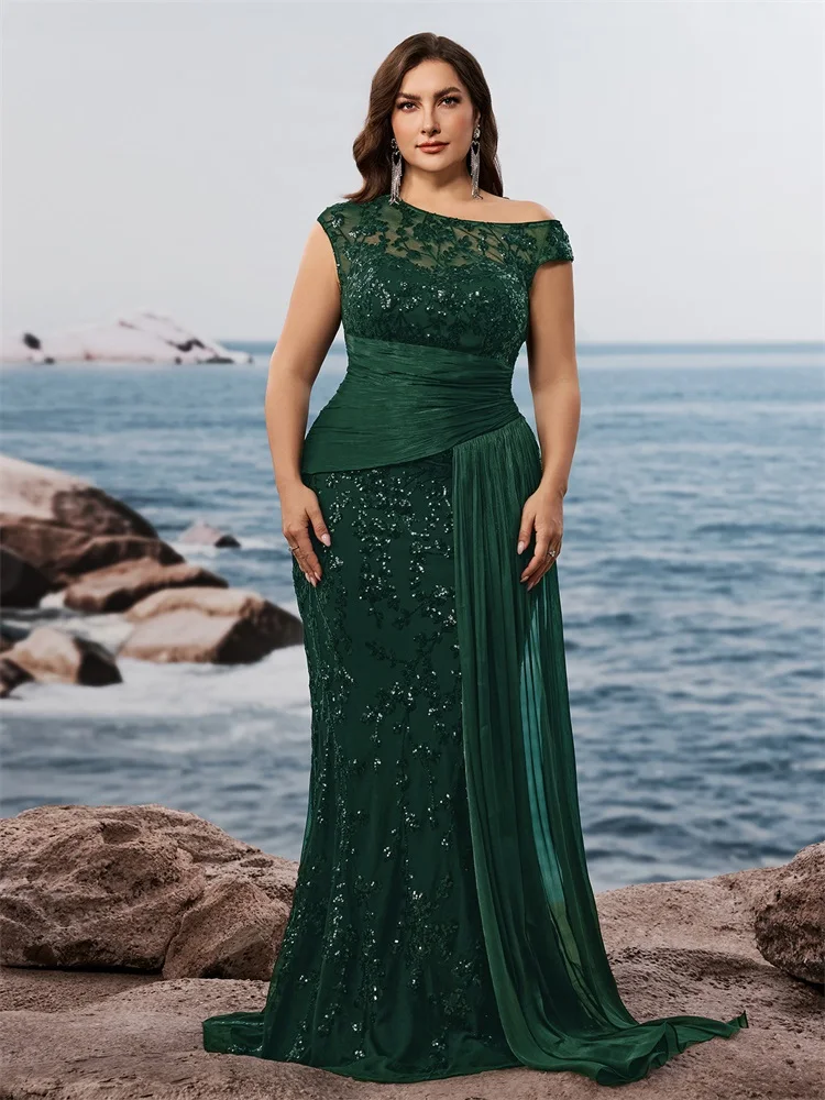 Lucyinlove Plus Size Elegante senza maniche con paillettes Patchwork Abiti da sera formali Abiti da cocktail per feste a sirena verde di lusso