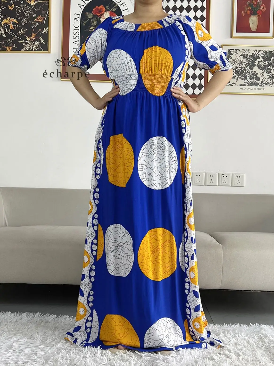 Latest African Dashiki Cotton Floral Dress Printed Short Sleeve Collect Waist Straight Loose African Women Dress with Scarf