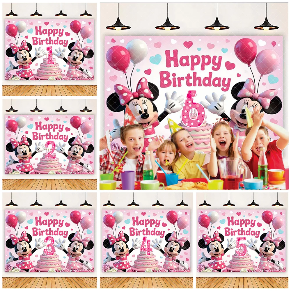 

Disney Cute Minnie Mouse Backdrop Customizable Number Background Banner Girl Birthday Party Decoration Vinyl Cloth Baby Gifts
