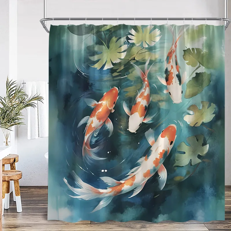 Japanese Style Shower Curtain Pink Cherry Blossom Floral White Crane Mountain Koi Carp Ink Scenery Modern Bathroom Curtain Decor